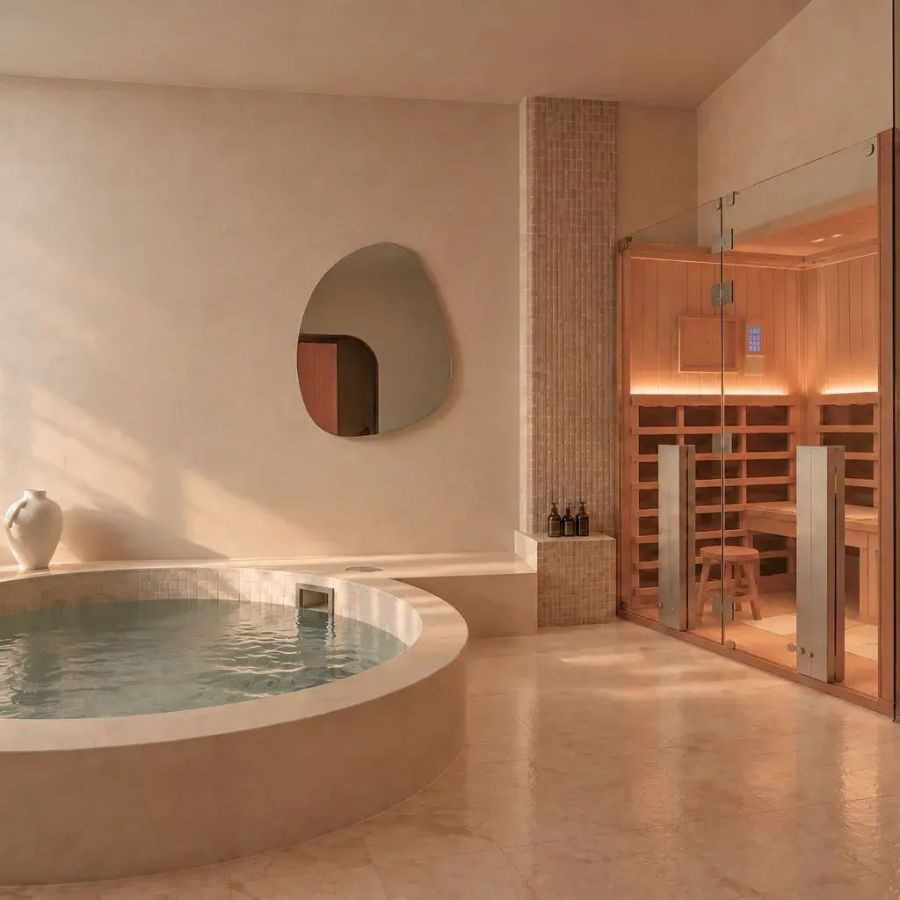 a private sundaymood suite in bangkok with a round cold plunge and a full-spectrum infrared sauna behind one door