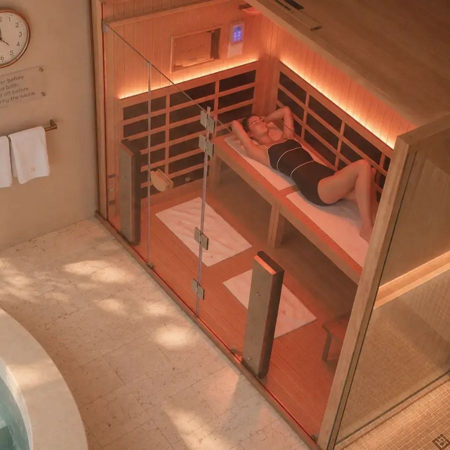 a guest resting in the clearlight full-spectrum infrared sauna at sundaymood bangkok